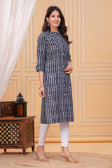lack & Grey Printed Cotton Long Kurta for Women – Elegant Monochrome Style in Pure Cotton