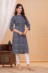 lack & Grey Printed Cotton Long Kurta for Women – Elegant Monochrome Style in Pure Cotton