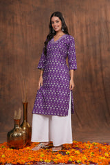 Regal Elegance Purple Block Print Cotton  Kurti -Lavender Dream Beautifully Crafted
