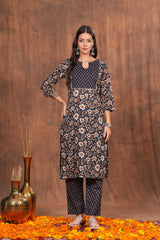 Classical Black Printed Cotton Long Kurti -Black with Chic Yoke Patterns For Every Occasion