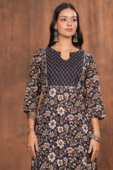 Classical Black Printed Cotton Long Kurti -Black with Chic Yoke Patterns For Every Occasion