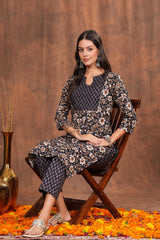 Classical Black Printed Cotton Long Kurti -Black with Chic Yoke Patterns For Every Occasion