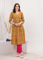 Flared Alia Cut Mustard Color Cotton Kurta with Pink Pant Kurta Set