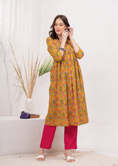 Flared Alia Cut Mustard Color Cotton Kurta with Pink Pant Kurta Set