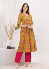 Flared Alia Cut Mustard Color Cotton Kurta with Pink Pant Kurta Set