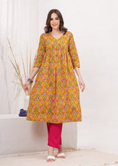 Flared Alia Cut Mustard Color Cotton Kurta with Pink Pant Kurta Set