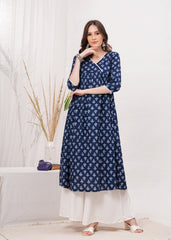 Embrace The Flow with Blue Block Print Flared Kurti - Vibrant Flare for Any Occasion