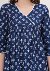 Embrace The Flow with Blue Block Print Flared Kurti - Vibrant Flare for Any Occasion