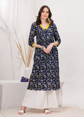 Flared Alia Cut Blue Printed Cotton Kurta With White Divider Kurta Set