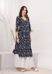 Graceful Blue Alia Cut Cotton Kurti - Long, Flared, and Printed for a Timeless Look