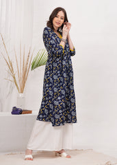 Graceful Blue Alia Cut Cotton Kurti - Long, Flared, and Printed for a Timeless Look
