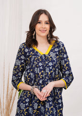 Graceful Blue Alia Cut Cotton Kurti - Long, Flared, and Printed for a Timeless Look