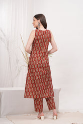 Elegant Sleeveless Cotton Kurta with Authentic Ajrak Print Paired with Tailored Pants - Ideal for Summer and Festive Occasions