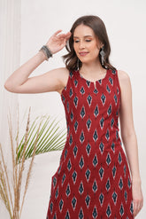 Vibrant Sleeveless Red Ikkat Block Print Kurta Pant Set - A Fusion of Traditional Craftsmanship and Contemporary Style for Effortless Elegance
