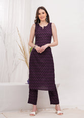 Sophisticated Sleeveless Purple Cotton Kurta with Artistic Block Print and Matching Pants - Ideal for Modern Ethnic Fashion