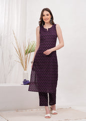 Sophisticated Sleeveless Purple Cotton Kurta with Artistic Block Print and Matching Pants - Ideal for Modern Ethnic Fashion
