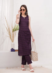 Sophisticated Sleeveless Purple Cotton Kurta with Artistic Block Print and Matching Pants - Ideal for Modern Ethnic Fashion
