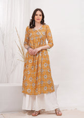Flared Alia Cut Yellow Cotton Kurta With White Divider Kurta Set