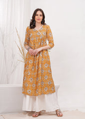 Flared Alia Cut Yellow Cotton Kurta With White Divider Kurta Set