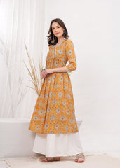 Flared Alia Cut Yellow Cotton Kurta With White Divider Kurta Set