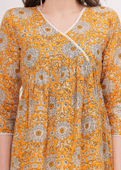 Flared Alia Cut Yellow Cotton Kurta With White Divider Kurta Set