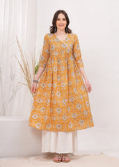Flared Alia Cut Yellow Cotton Kurta With White Divider Kurta Set
