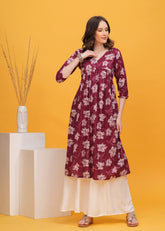 Flared Alia Cut Maroon Color Cotton Kurta with White Divider Kurta Set