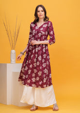 Elegant Maroon Flared Alia Cut Cotton Long Kurti with Intricate Prints - Soft, Comfortable Fabric for a Graceful and Effortlessly Stylish Ethnic Look