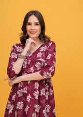 Elegant Maroon Flared Alia Cut Cotton Long Kurti with Intricate Prints - Soft, Comfortable Fabric for a Graceful and Effortlessly Stylish Ethnic Look