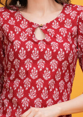 Vibrant Red Block Print Cotton Long Kurti -Boldness and Comfort In Stunning Red Block Print