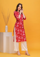 Floral Fiesta Red Color Cotton Long Kurti -Combining Comfort and Vibrant Style For Any Occasion
