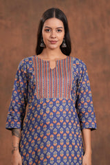 Stunning Blue Block Print Yoke Design Cotton  Kurti -Indigo Impression All Time Beauty