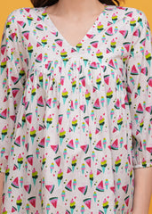 Playful White Base Watermelon Print Pure Cotton Alia Cut Top- Fresh and Fun For Every Occasion