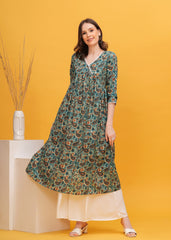 Flared Alia Cut Green Cotton Kurta with White Divider Kurta Set
