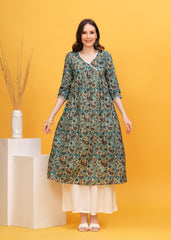 Flared Alia Cut Green Cotton Kurta with White Divider Kurta Set