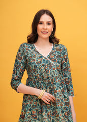 Nature's Touch: Experience Elegance with Flared Alia Cut Green Printed Kurti -Perfect for Effortless Style