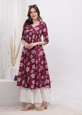 Flared Alia Cut Maroon Color Cotton Kurta with White Divider Kurta Set