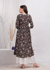 Perfect Blend of Elegance and Chic in Black Printed - Stunning White and Brown Flower