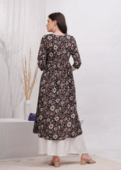 Perfect Blend of Elegance and Chic in Black Printed - Stunning White and Brown Flower