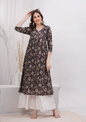Flared Alia Cut Black Printed Cotton Kurta with White Divider Kurta Set