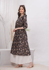 Flared Alia Cut Black Printed Cotton Kurta with White Divider Kurta Set