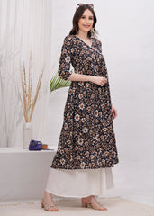 Flared Alia Cut Black Printed Cotton Kurta with White Divider Kurta Set