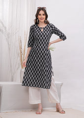Ebony Artistry Black Block Print Cotton Long Kurti -Bold Statement in Black Block Print