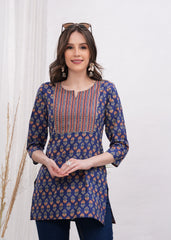Notch Neck Yoke Style Blue Pure Cotton Stylish Short Kurti