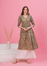 Flared Alia Cut Grey Printed Cotton Kurta with White Divider Kurta Set