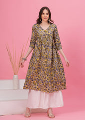 Chic Grey Cotton Kurti with Flared Alia Cut and Intricate Prints - A Versatile Piece for Casual and Festive Occasions