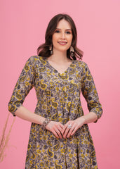 Chic Grey Cotton Kurti with Flared Alia Cut and Intricate Prints - A Versatile Piece for Casual and Festive Occasions