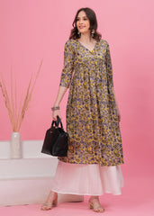 Chic Grey Cotton Kurti with Flared Alia Cut and Intricate Prints - A Versatile Piece for Casual and Festive Occasions