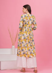 Elegant Off White and Yellow Printed Cotton Long Kurti with Flared Alia Cut - Perfect for a Stylish and Comfortable Ethnic Ensemble