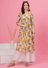 Flared Alia Cut Off white and Yellow Printed Cotton Kurta with White Divider Kurta Set